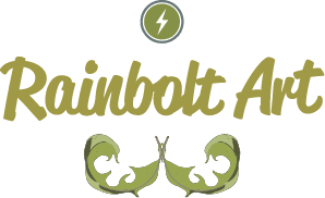 Rainbolt Art Logo, a lightening bolt in a circle with the words Rainbolt Art below and then two dandelion leaves crossed below the name