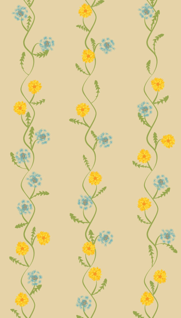 vertical vine stripe of dandelion blooms and seed puffs