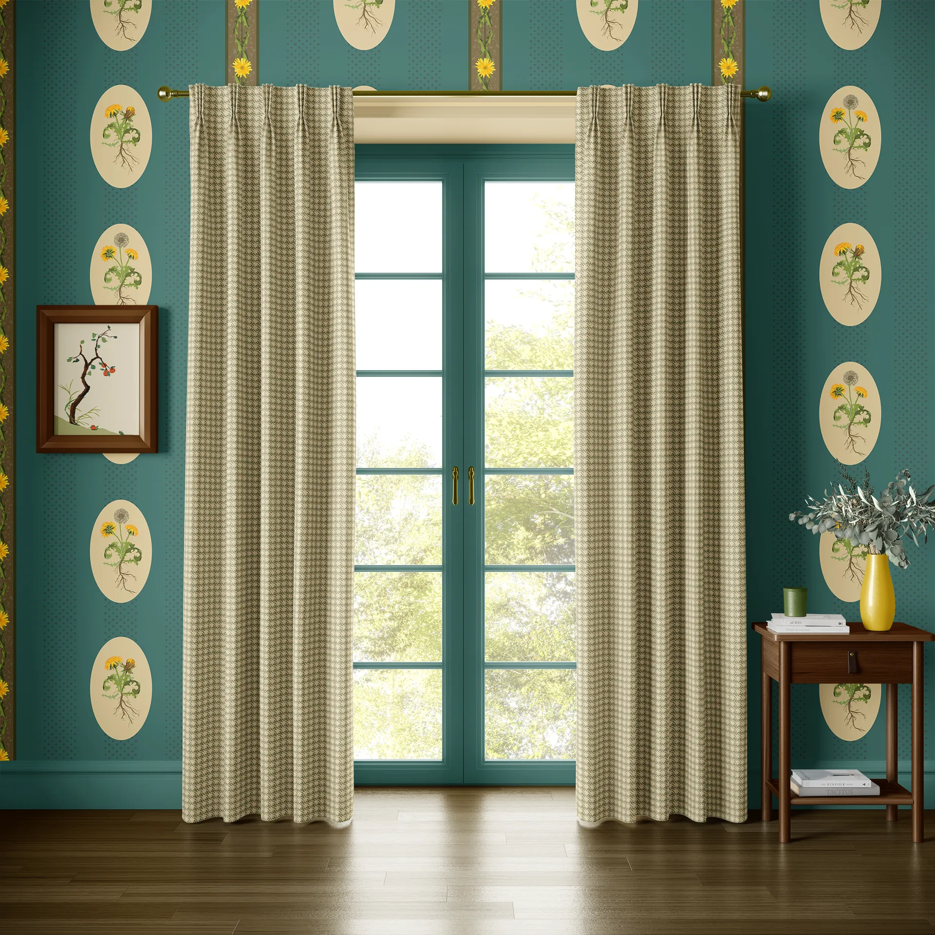 Minimally furnished living room with "Dandelion Cameos" wallpaper and "Dandelion Houndstooth" curtains from the "Dancing with Dandelion collection