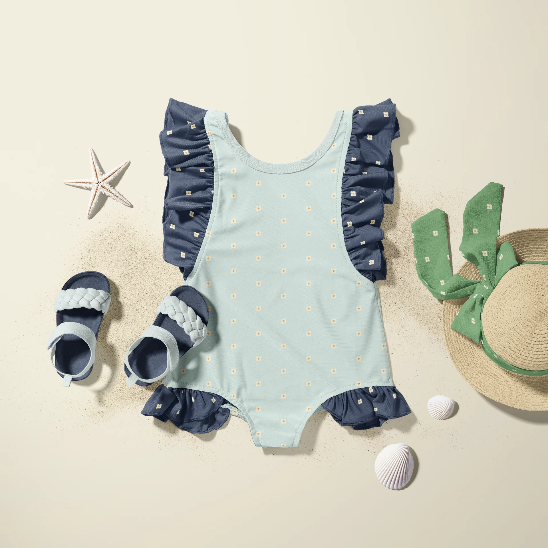 Baby's swimsuit and sun hat in "Dogwood Blossom Dots" pattern from "Under the Dogwood Tree" collection i