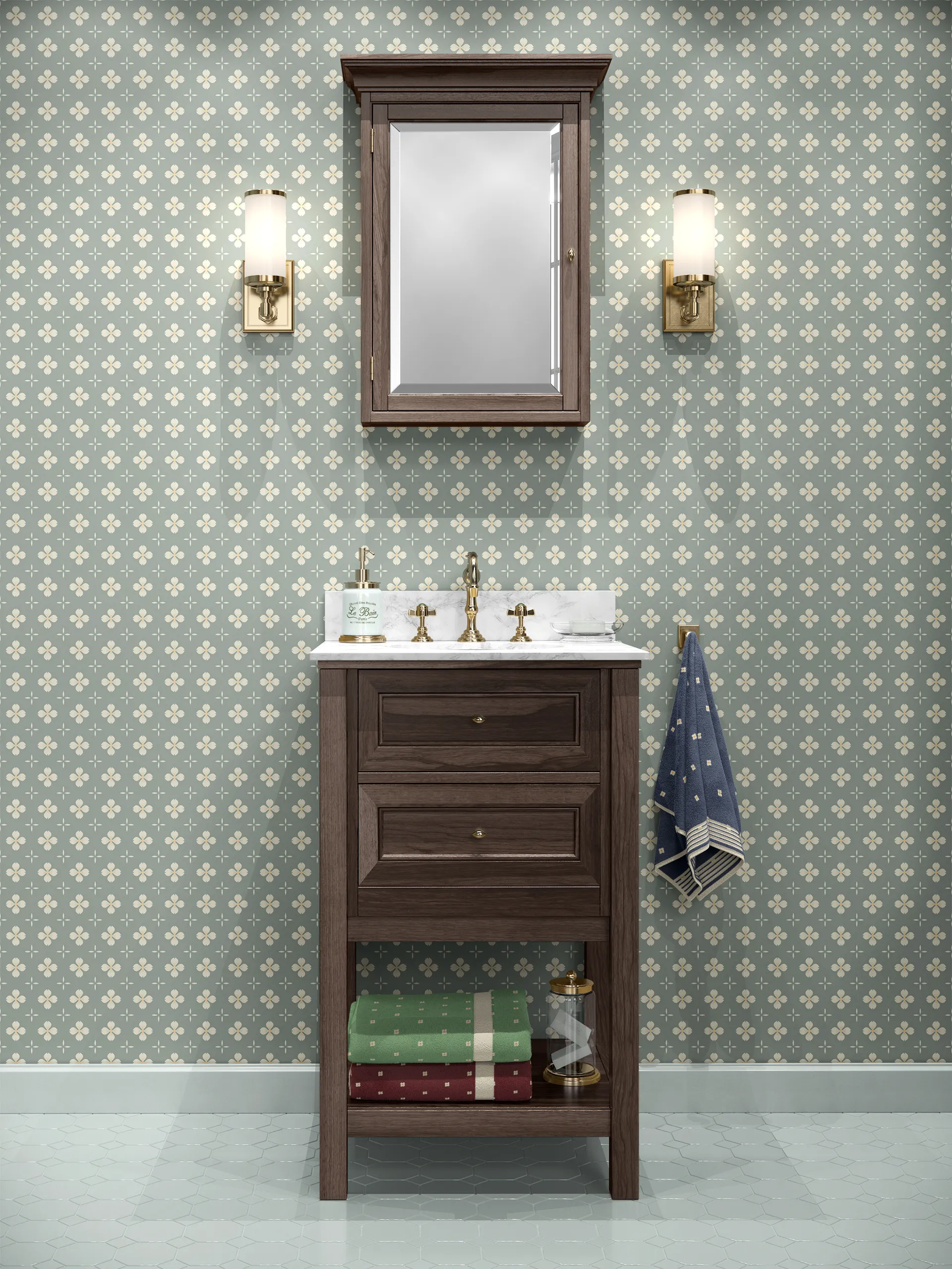 Simple Bathroom sink wall featuring "Dogwood Blossom Quatrefoil" from "Under the Dogwood Tree Collection"