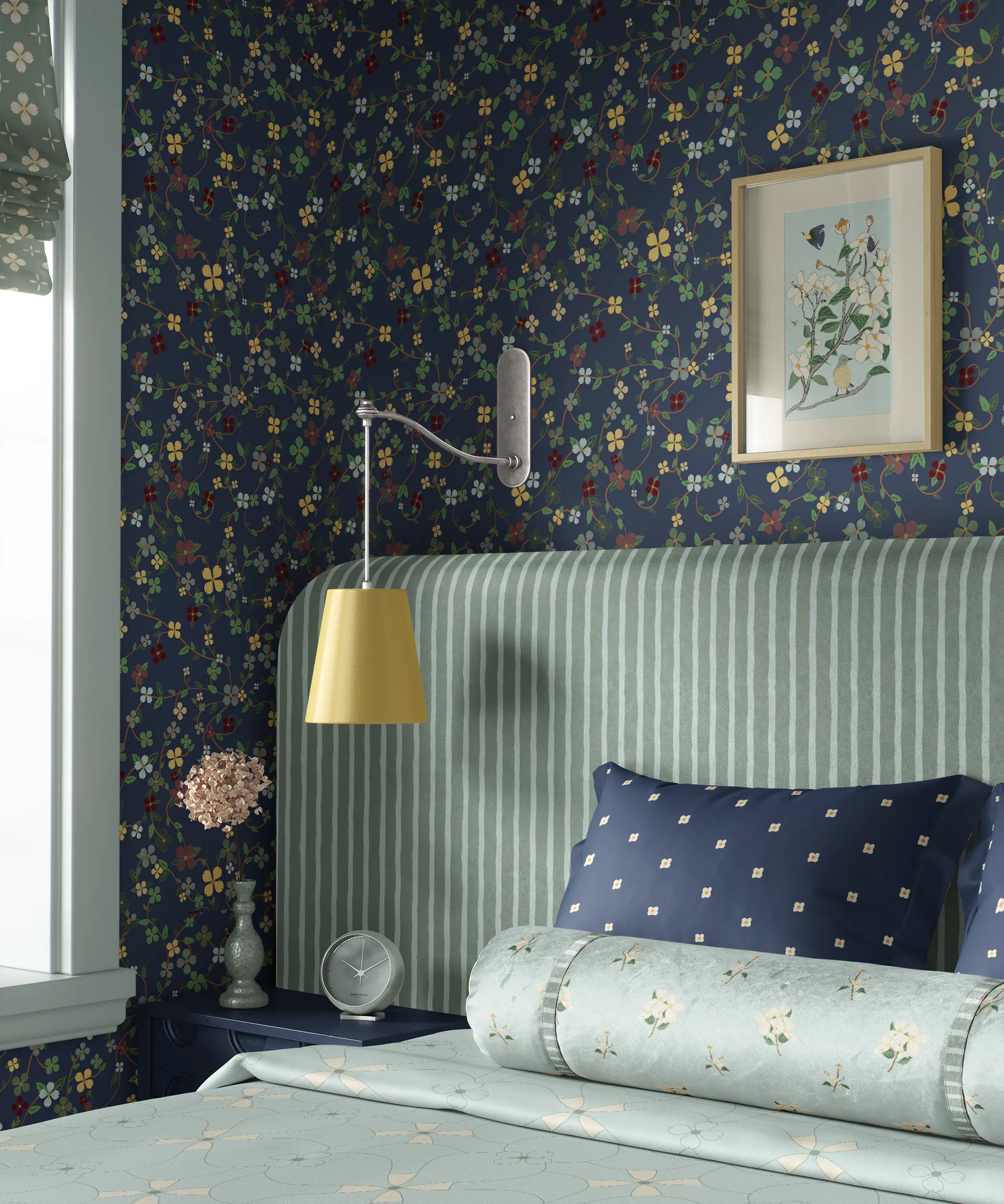 Bedroom pattern drenched in "Under the Dogwood Tree" collection
