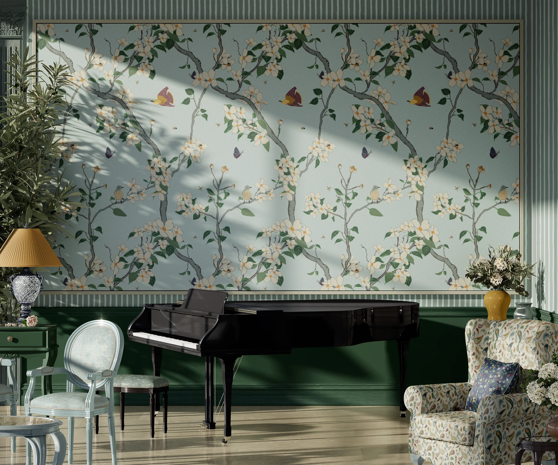 Upscale Living room with grand piano and chairs pattern drenched in Under the Dogwood Tree collection