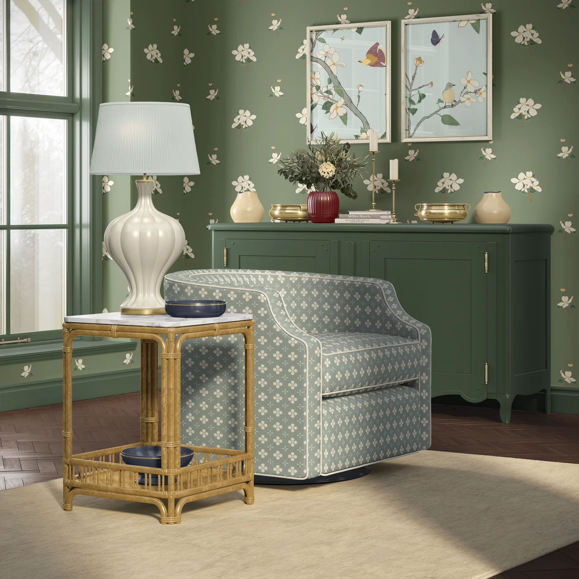 Upscale sitting room with "Petite Dogwood Sprigs" wallpaper in sage, "and Dogwood Blossom Quatrefoil" in grey on a swivel arm chair.
