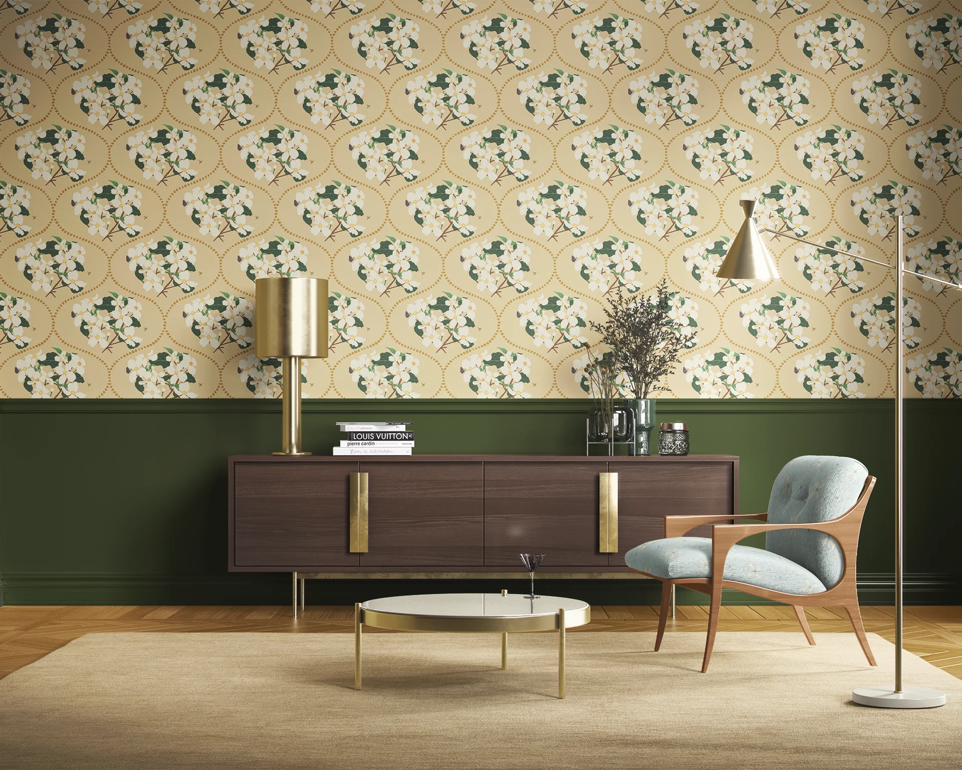 Minimally furnished living room with "Dogwood Bouquet Ogee' wallpaper from "Under the Dogwood Tree" collection