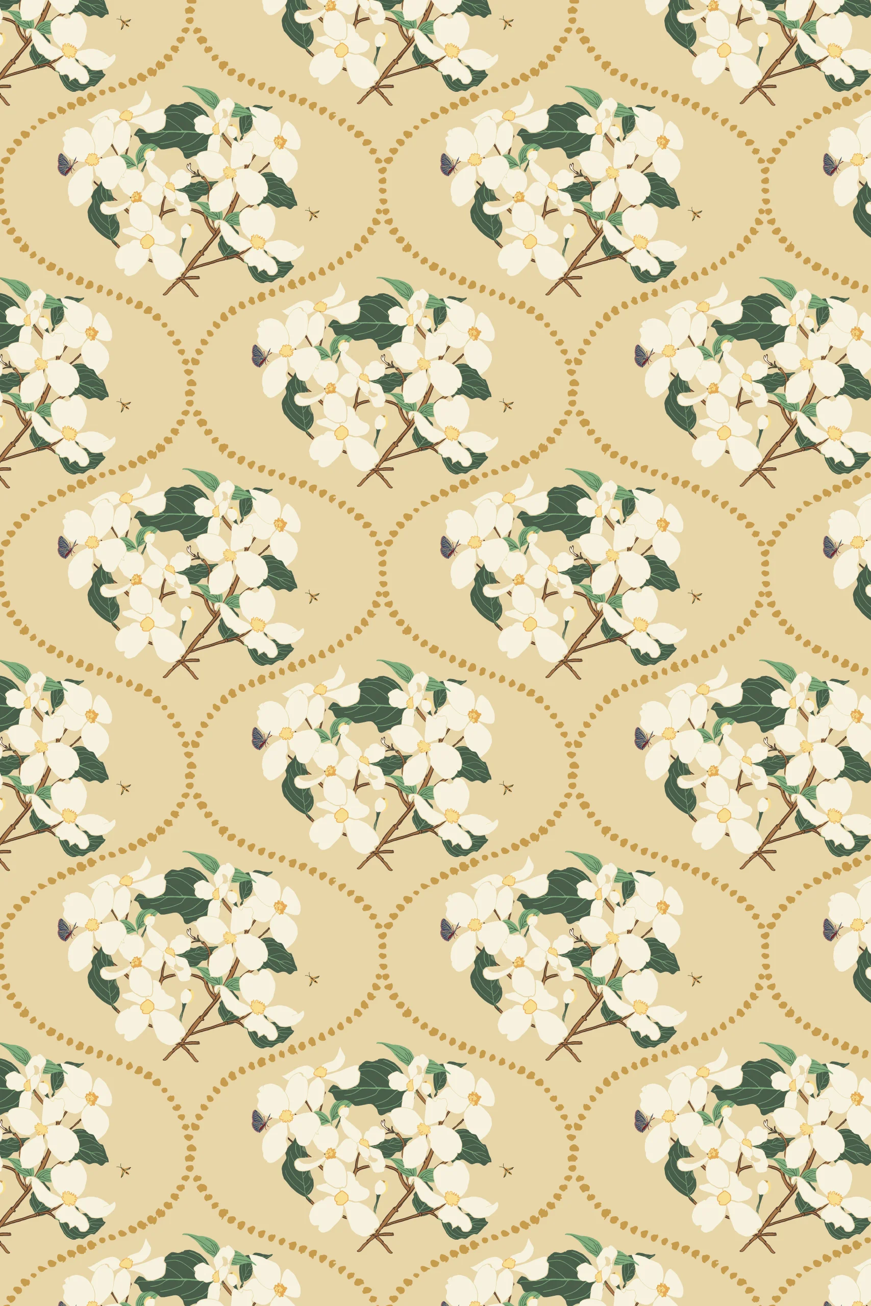 "Dogwood Bouquet Ogee' wallpaper from "Under the Dogwood Tree" collection.