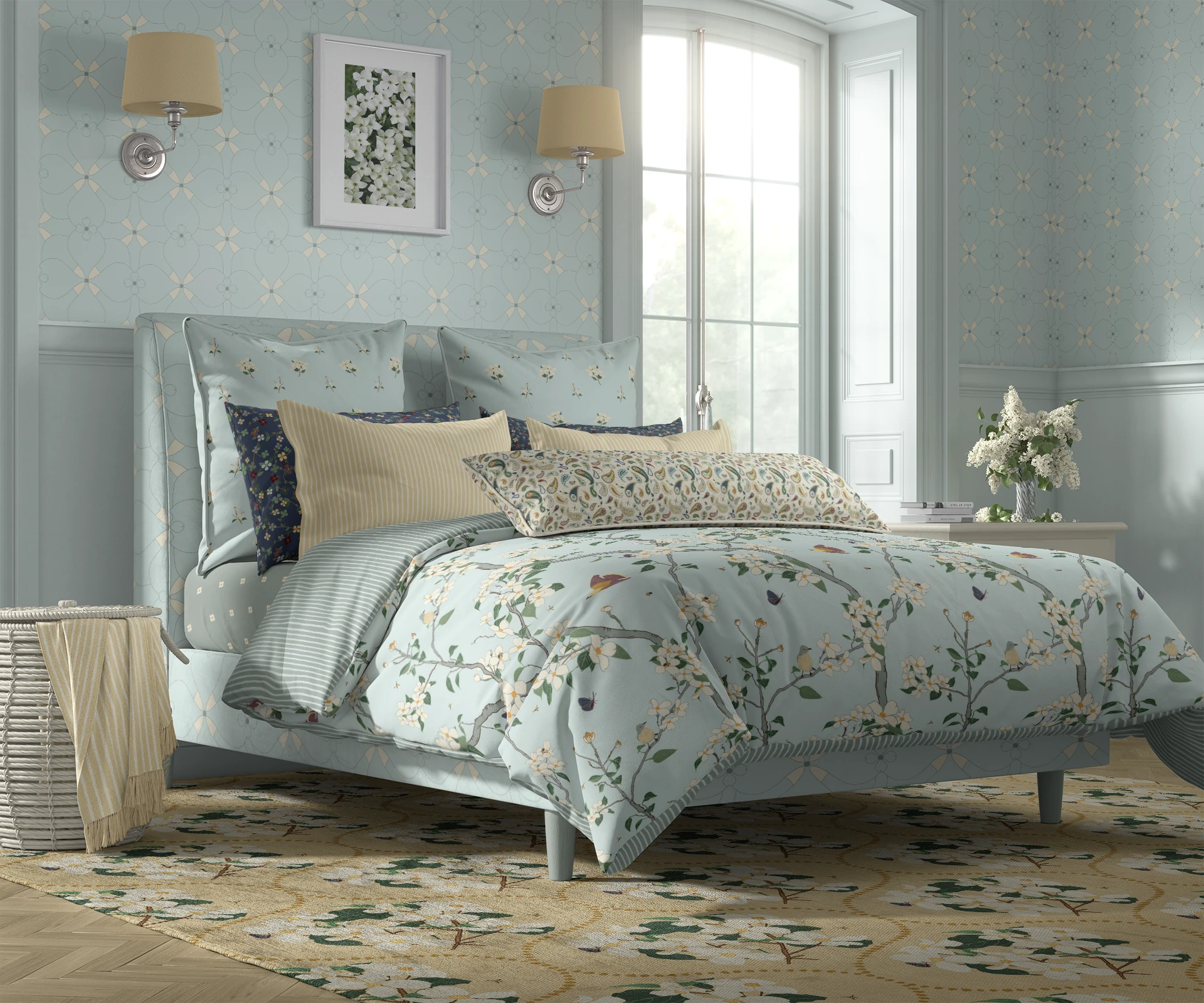 Upscale cottage bedroom pattern drenched in "Under the Dogwood Tree" collection.