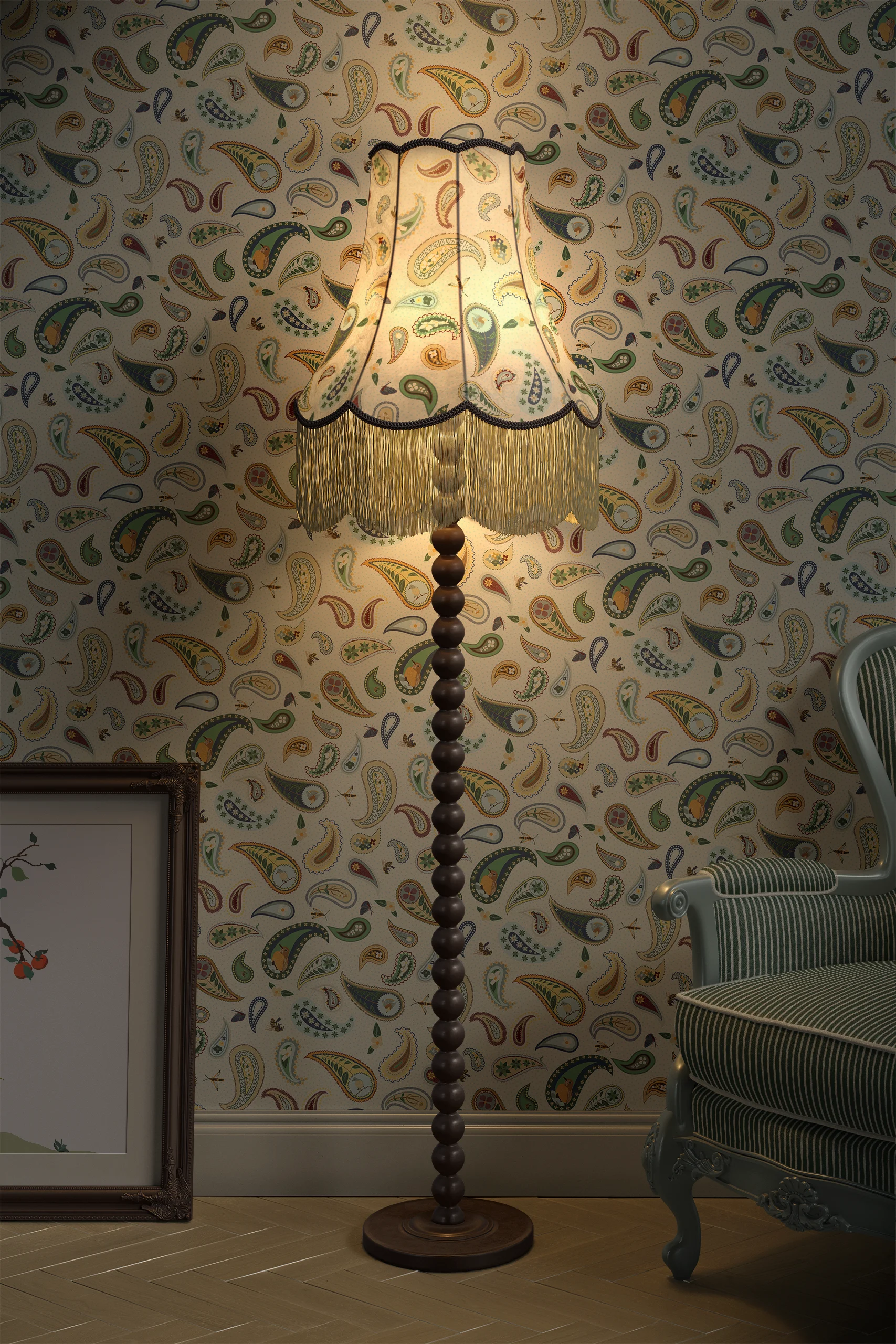 Dark room lit by a single lamp decorated in "Under the Dogwood Tree" patterns.