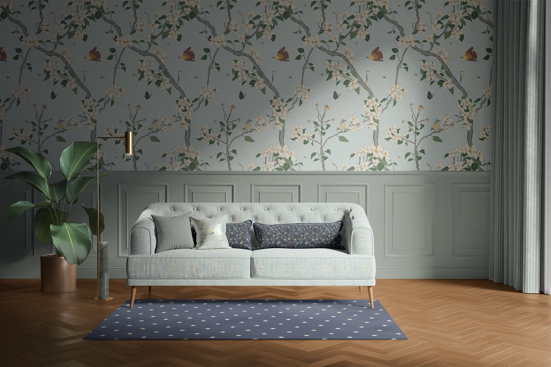 Lightly Furnished Living room Pattern Drenched with "Under the Dogwood Tree" collection