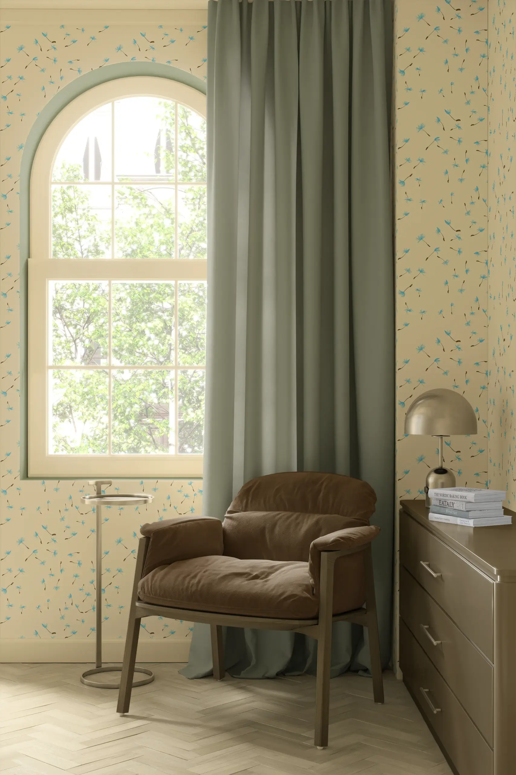 Brown chair in corner of room featuring "Make A Wish" wallpaper from "Dancing with Dandelions" collection