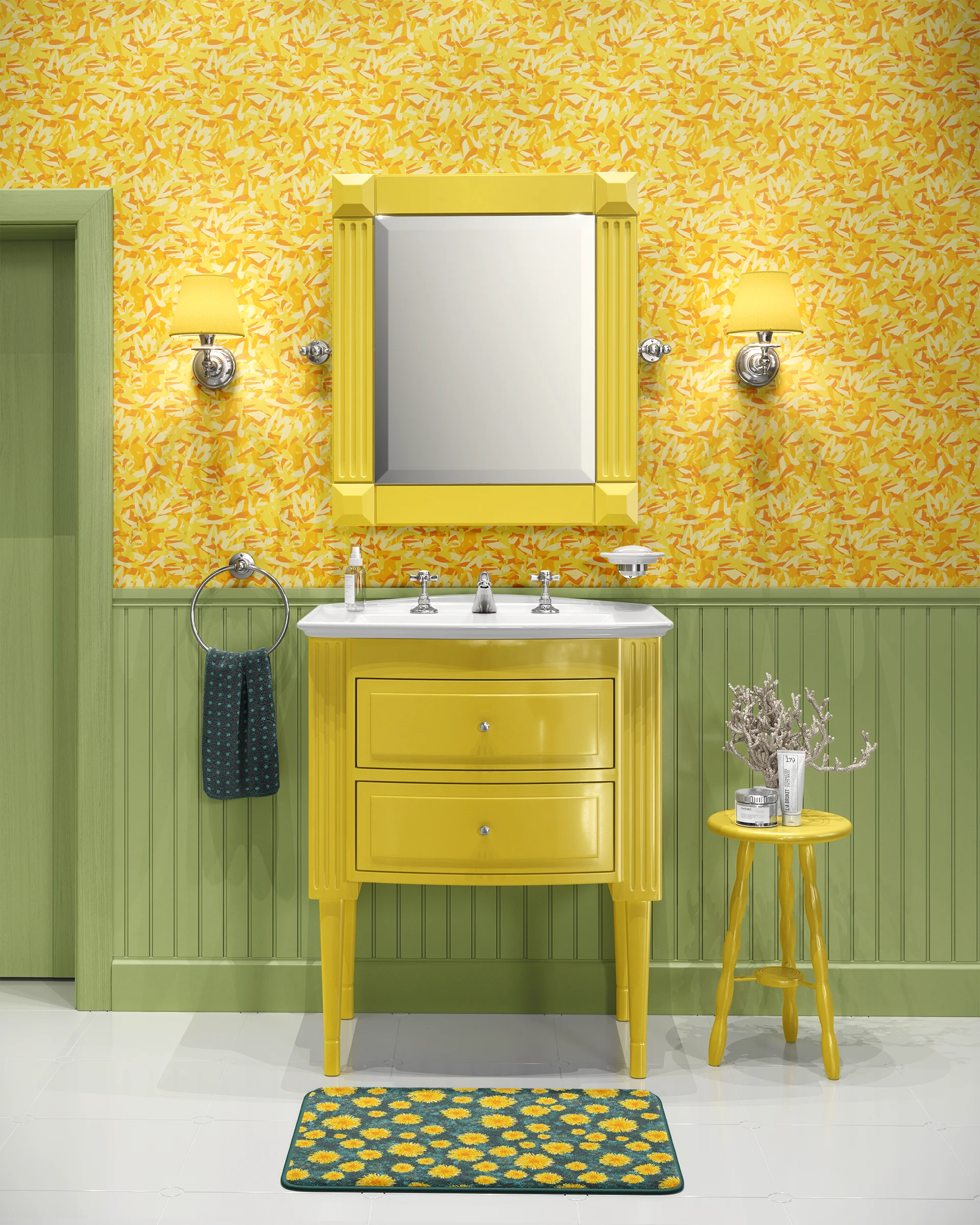 Bright bathroom Featuring "Petal Confetti" wallpaper from "Dancing with Dandelions" collections