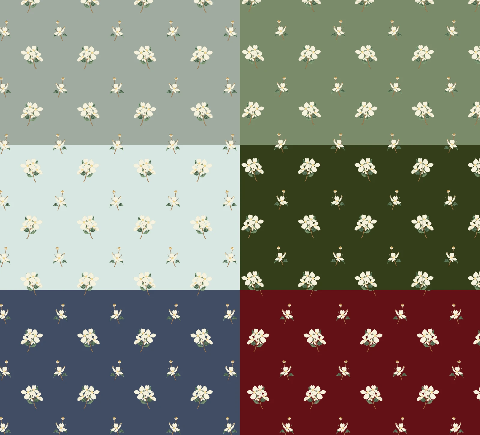 "Petite Dogwood Sprigs" in multiple colorways, part of the "Under the Dogwood Tree" collection.