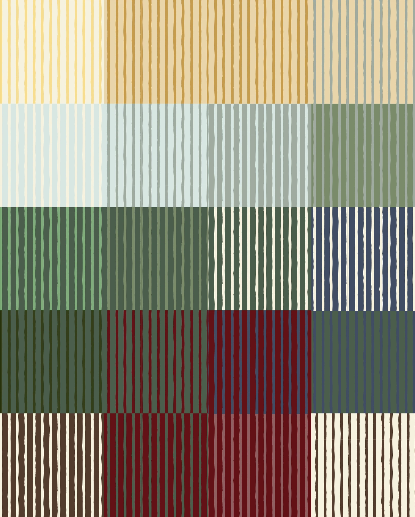 Many colorways of the "Wandering Stripe" pattern from the "Under the Dogwood Tree" collection.